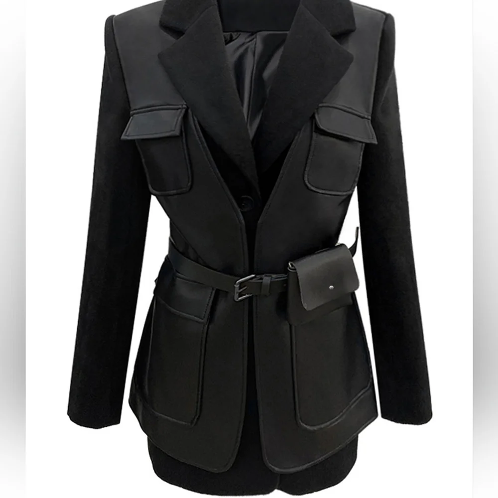 Autumn Black Patchwork Leather Jacket Women with Many Pockets Long Sleeve - Picture 9 of 10